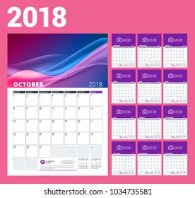 Wall calendar template for 2018 year. Vector illustration. Set of 12 months. Stationery design