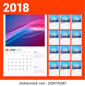 Wall calendar template for 2018 year. Vector illustration. Set of 12 months. Stationery design