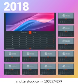 Wall calendar template for 2018 year. Vector illustration. Set of 12 months. Stationery design