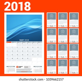 Wall calendar template for 2018 year. Vector illustration. Set of 12 months. Stationery design