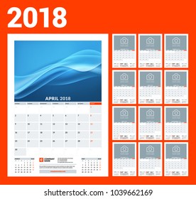 Wall calendar template for 2018 year. Vector illustration. Set of 12 months. Stationery design