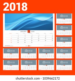 Wall calendar template for 2018 year. Vector illustration. Set of 12 months. Stationery design