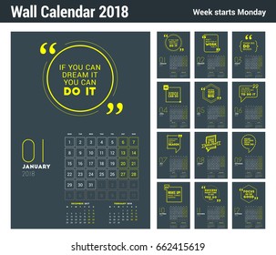 Wall Calendar Template for 2018 Year. Vector Design Print Template with Typographic Motivational Quote on Dark Background. Week starts on Monday