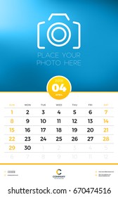 Wall Calendar Template for 2018 Year. April. Vector Design Template with Place for Photo. Week starts on Sunday