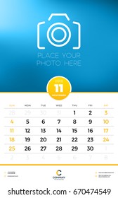 Wall Calendar Template for 2018 Year. November. Vector Design Template with Place for Photo. Week starts on Sunday