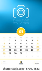 Wall Calendar Template for 2018 Year. January. Vector Design Template with Place for Photo. Week starts on Sunday