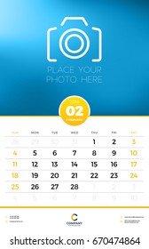 Wall Calendar Template for 2018 Year. February. Vector Design Template with Place for Photo. Week starts on Sunday