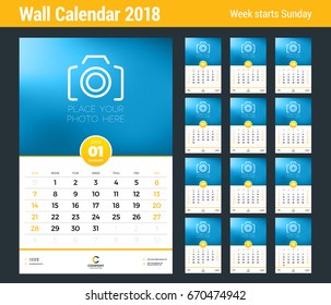 Wall Calendar Template for 2018 Year. Vector Design Template with Place for Photo. Week starts on Sunday