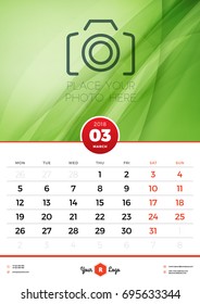Wall Calendar Template for 2018 Year. March. Vector Design Template with Abstract Background. Place for Photo. Week starts on Monday. Portrait Orientation