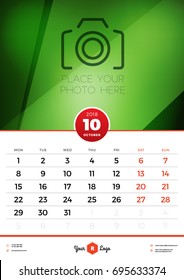 Wall Calendar Template for 2018 Year. October. Vector Design Template with Abstract Background. Place for Photo. Week starts on Monday. Portrait Orientation