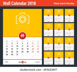 Wall Calendar Template for 2018 Year. Vector Design Template with Place for Photo. Week starts on Monday. Portrait Orientation