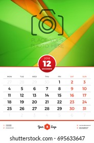 Wall Calendar Template for 2018 Year. December. Vector Design Template with Abstract Background. Place for Photo. Week starts on Monday. Portrait Orientation