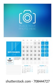 Wall Calendar Template for 2018 Year. November. Vector Design Print Template with Place for Photo. Week starts on Monday