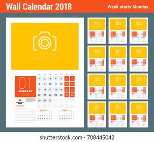 Wall Calendar Template for 2018 Year. Vector Design Print Template with Place for Photo. Week starts on Monday. Set of 12 Months