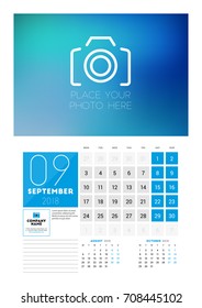 Wall Calendar Template for 2018 Year. September. Vector Design Print Template with Place for Photo. Week starts on Monday