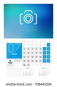 Wall Calendar Template for 2018 Year. July. Vector Design Print Template with Place for Photo. Week starts on Monday