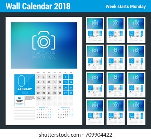 Wall Calendar Template for 2018 Year. Vector Design Print Template with Place for Photo. Week starts on Monday. Set of 12 Months