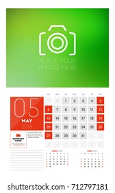 Wall Calendar Template for 2018 Year. May. Vector Design Print Template with Place for Photo. Week starts on Sunday