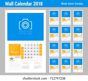 Wall Calendar Template for 2018 Year. Set of 12 Months. Vector Design Print Template with Place for Photo. Week starts on Sunday