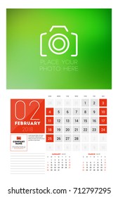 Wall Calendar Template for 2018 Year. February. Vector Design Print Template with Place for Photo. Week starts on Sunday