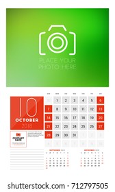 Wall Calendar Template for 2018 Year. October. Vector Design Print Template with Place for Photo. Week starts on Sunday