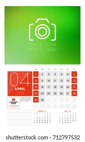 Wall Calendar Template for 2018 Year. April. Vector Design Print Template with Place for Photo. Week starts on Sunday