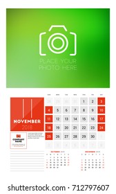 Wall Calendar Template for 2018 Year. November. Vector Design Print Template with Place for Photo. Week starts on Sunday