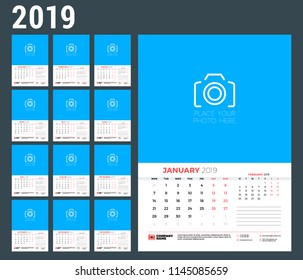 Wall calendar template for 2019 year. Week starts on Monday. Vector illustration