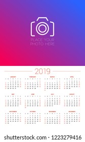 Wall calendar template for 2019 year. Week starts on Sunday. Vector illustration
