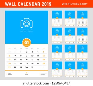 Wall calendar template for 2019 year. Week starts on Sunday. Vector illustration. 12 pages