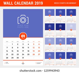 Wall calendar template for 2019 year. Week starts on Monday. Vector illustration. 12 pages