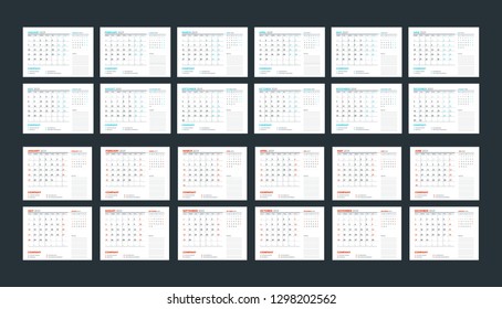 Wall calendar template for 2019 year. Week starts on Sunday. Week starts on Monday. Vector illustration