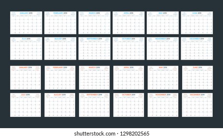 Wall calendar template for 2019 year. Week starts on Sunday. Week starts on Monday. Vector illustration