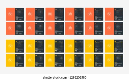 Wall calendar template for 2019 year. Week starts on Sunday. Week starts on Monday. Vector illustration