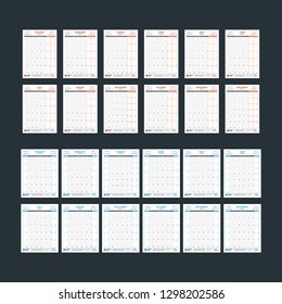 Wall calendar template for 2019 year. Week starts on Sunday. Week starts on Monday. Vector illustration