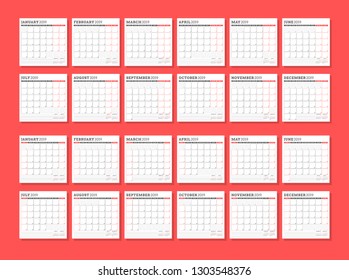 Wall calendar template for 2019 year. Week starts on Sunday. Week starts on Monday. Vector illustration