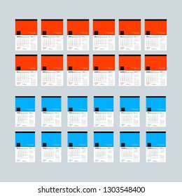 Wall calendar template for 2019 year. Week starts on Sunday. Week starts on Monday. Vector illustration