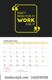 Wall calendar template for 2020. Vector design print template with typographic motivational quote. Week starts on Monday