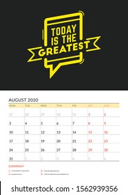 Wall calendar template for 2020. Vector design print template with typographic motivational quote. Week starts on Monday