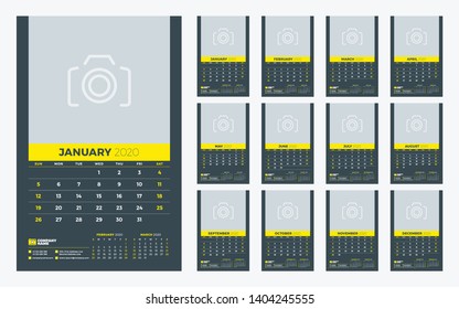Wall calendar template for 2020 year. Week starts on Sunday. Vector illustration