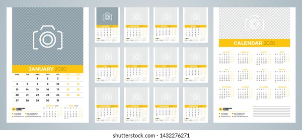 Wall calendar template for 2020 year. Week starts on Sunday. Vector illustration
