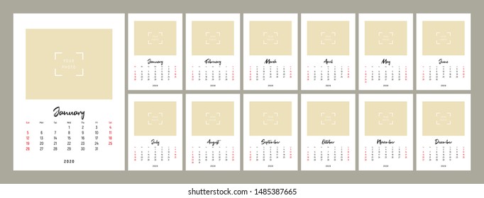Wall calendar template for 2020 year. Set of 12 months. 2020. Week starts on Sunday. Concept, vector editable calender page template. Vertical.
