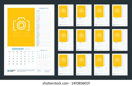 Wall calendar template for 2020 year. Week starts on Monday. Vector illustration