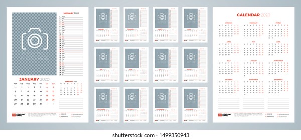 Wall Calendar Template For 2020 Year. Week Starts On Monday. Vector Illustration