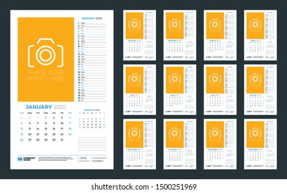 Wall calendar template for 2020 year. Week starts on Sunday. Vector illustration
