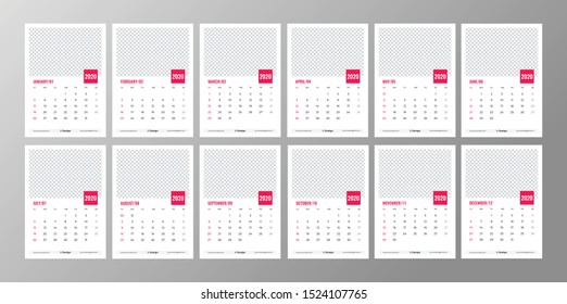 Wall Calendar Template for 2020 Year. Date planner template 2020. Week starts on Sunday.