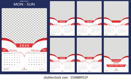 Wall calendar template for 2020 year. Editable vector calendar design 2020 