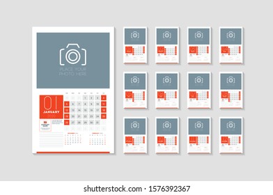 Wall calendar template for 2020 year. Week starts on Sunday. Vector illustration. Set of 12 pages