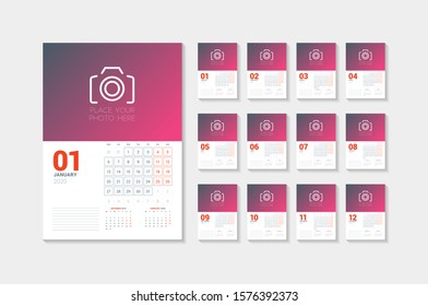 Wall calendar template for 2020 year. Week starts on Monday. Vector illustration. Set of 12 pages