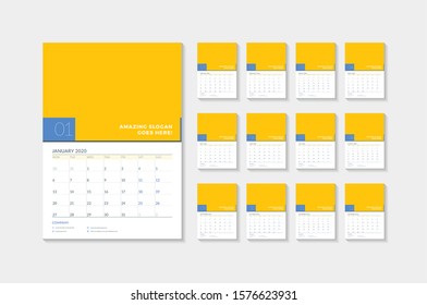 Wall calendar template for 2020 year. Week starts on Monday. Vector illustration. Set of 12 pages